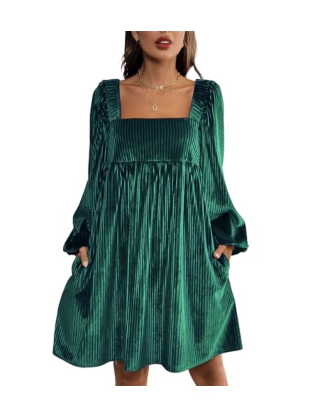 Women's Square Neck Velvet Long Sleeve Ruffle Short Dress A Line Tie Back